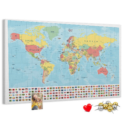 Korková tabuľa Mapa sveta s farebnými vlajkami.