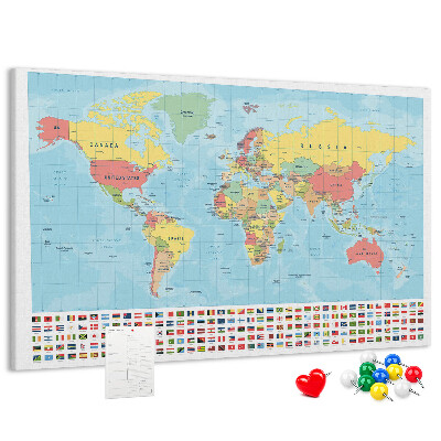 Korková tabuľa Mapa sveta s farebnými vlajkami.