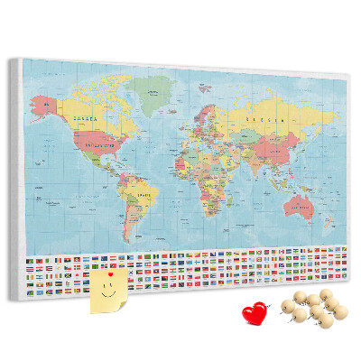 Korková tabuľa Mapa sveta s farebnými vlajkami.