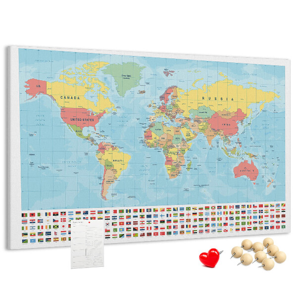 Korková tabuľa Mapa sveta s farebnými vlajkami.