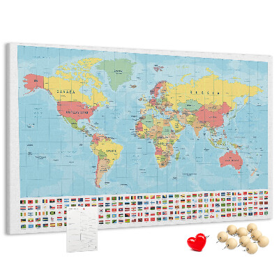 Korková tabuľa Mapa sveta s farebnými vlajkami.