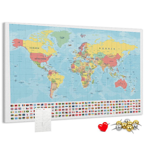 Korková tabuľa Mapa sveta s farebnými vlajkami.
