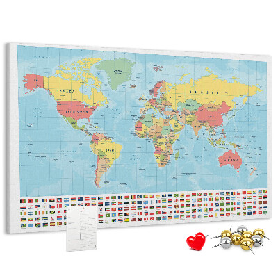 Korková tabuľa Mapa sveta s farebnými vlajkami.