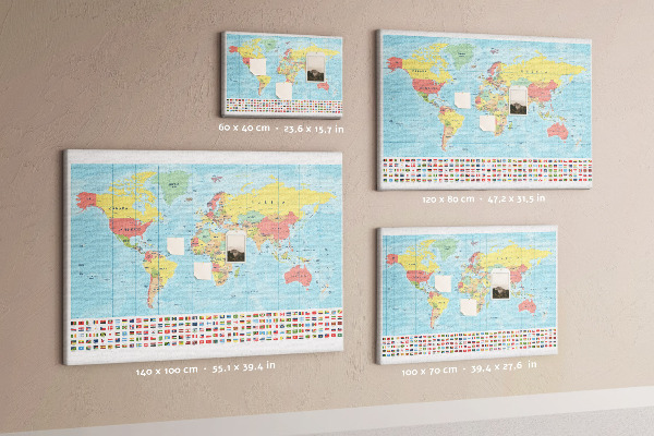 Korková tabuľa Mapa sveta s farebnými vlajkami.
