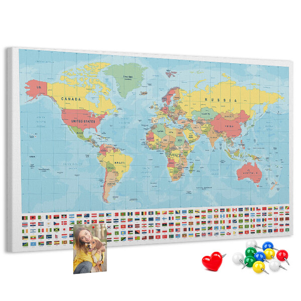 Korková tabuľa Mapa sveta s farebnými vlajkami.