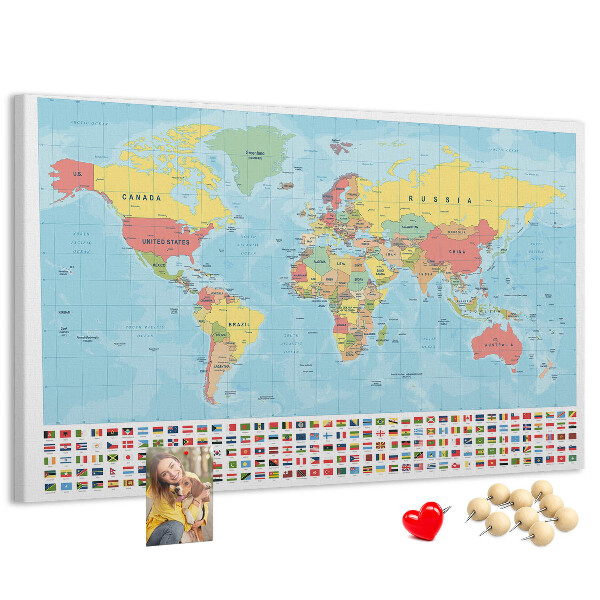 Korková tabuľa Mapa sveta s farebnými vlajkami.