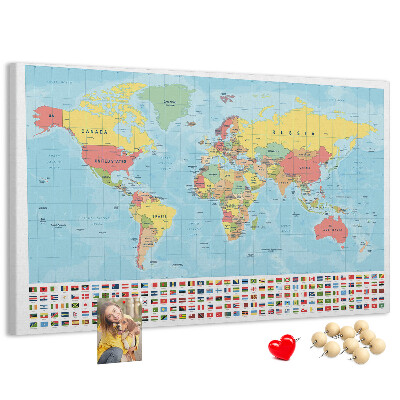 Korková tabuľa Mapa sveta s farebnými vlajkami.