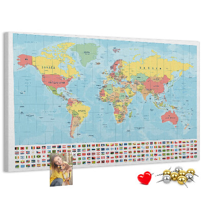 Korková tabuľa Mapa sveta s farebnými vlajkami.