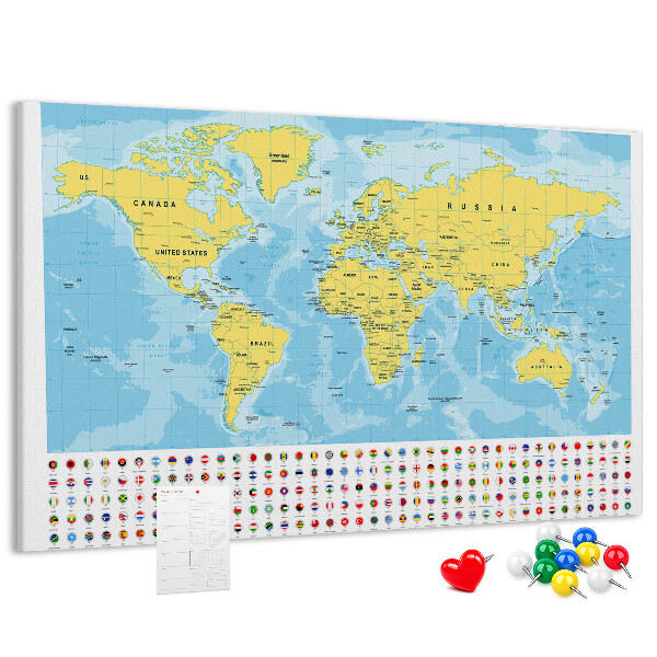 Korková nástenka na stenu Mapa sveta s farebnými špendlíkmi
