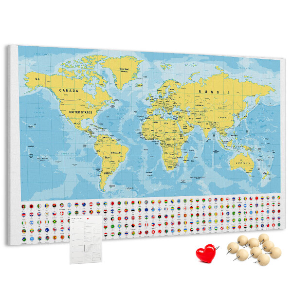 Korková nástenka na stenu Mapa sveta s farebnými špendlíkmi
