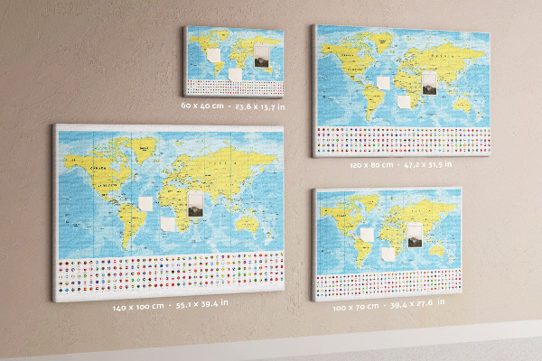 Korková nástenka na stenu Mapa sveta s farebnými špendlíkmi