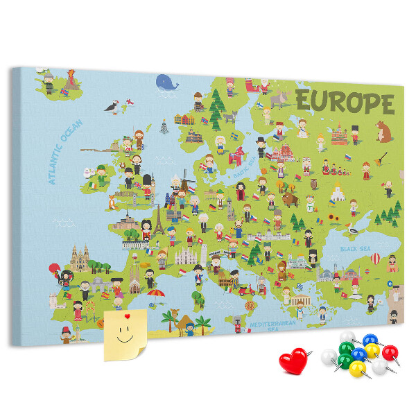 Korková tabuľa Farebná mapa Európy s kultúrnymi ikonami