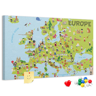 Korková tabuľa Farebná mapa Európy s kultúrnymi ikonami