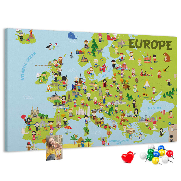 Korková tabuľa Farebná mapa Európy s kultúrnymi ikonami