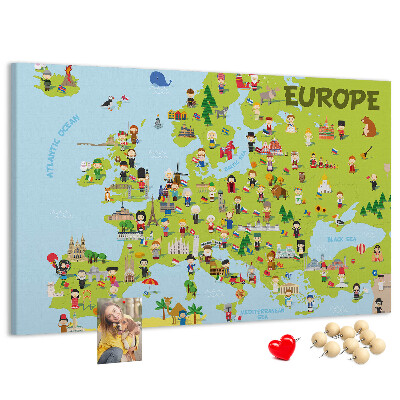 Korková tabuľa Farebná mapa Európy s kultúrnymi ikonami