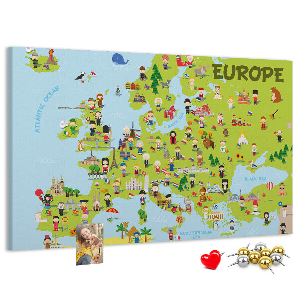 Korková tabuľa Farebná mapa Európy s kultúrnymi ikonami