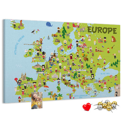 Korková tabuľa Farebná mapa Európy s kultúrnymi ikonami