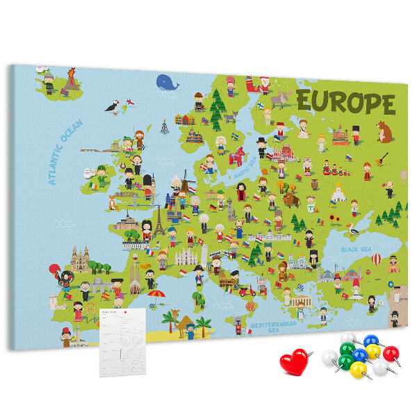 Korková tabuľa Farebná mapa Európy s kultúrnymi ikonami