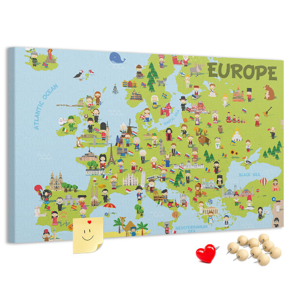 Korková tabuľa Farebná mapa Európy s kultúrnymi ikonami