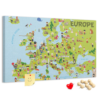 Korková tabuľa Farebná mapa Európy s kultúrnymi ikonami