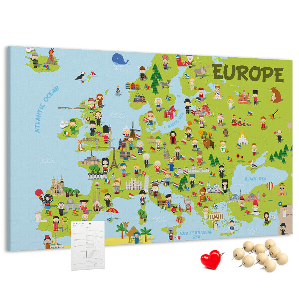 Korková tabuľa Farebná mapa Európy s kultúrnymi ikonami