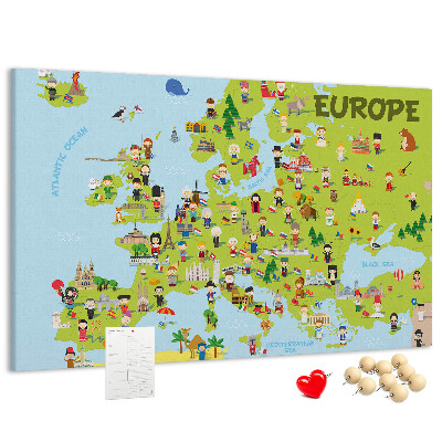 Korková tabuľa Farebná mapa Európy s kultúrnymi ikonami