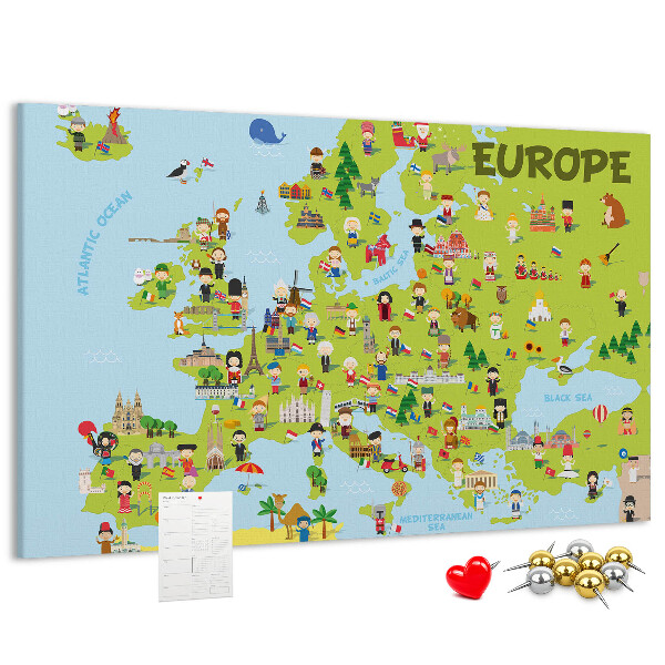 Korková tabuľa Farebná mapa Európy s kultúrnymi ikonami
