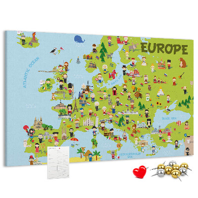 Korková tabuľa Farebná mapa Európy s kultúrnymi ikonami