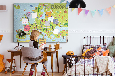 Korková tabuľa Farebná mapa Európy s kultúrnymi ikonami