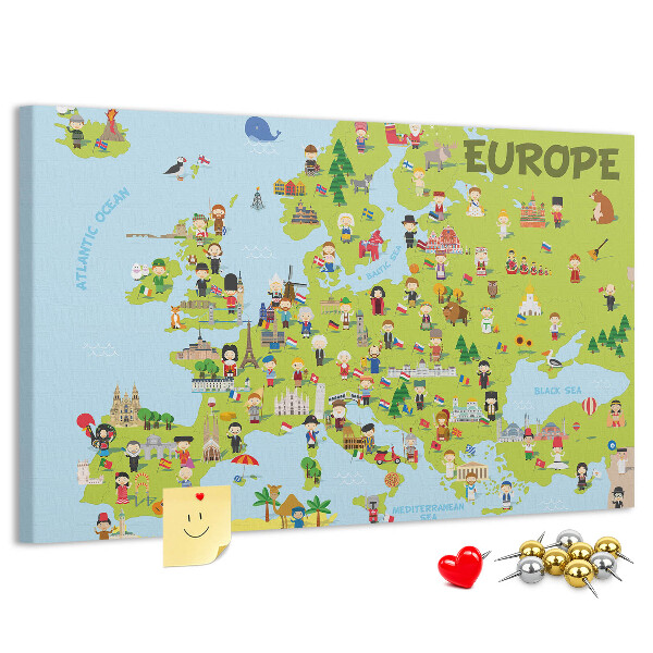 Korková tabuľa Farebná mapa Európy s kultúrnymi ikonami