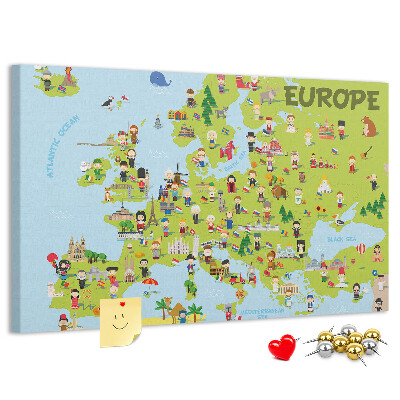 Korková tabuľa Farebná mapa Európy s kultúrnymi ikonami