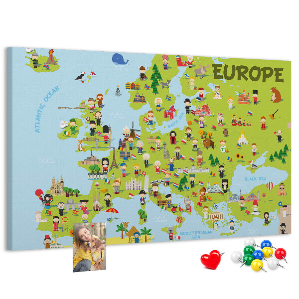 Korková tabuľa Farebná mapa Európy s kultúrnymi ikonami