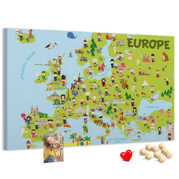 Korková tabuľa Farebná mapa Európy s kultúrnymi ikonami