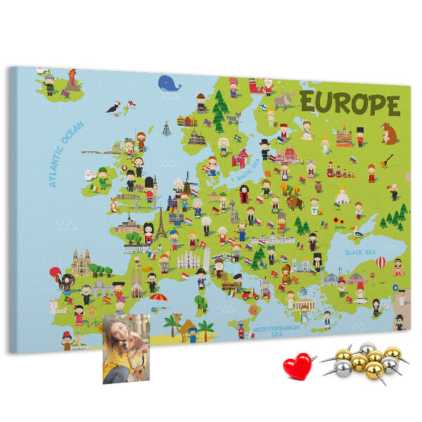 Korková tabuľa Farebná mapa Európy s kultúrnymi ikonami