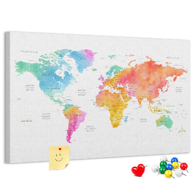 Korková nástenka na stenu Farebná mapa sveta v akvarelových farbách.