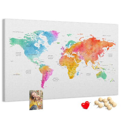 Korková nástenka na stenu Farebná mapa sveta v akvarelových farbách.