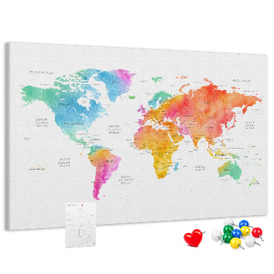 Korková nástenka na stenu Farebná mapa sveta v akvarelových farbách.