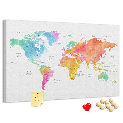 Korková nástenka na stenu Farebná mapa sveta v akvarelových farbách.