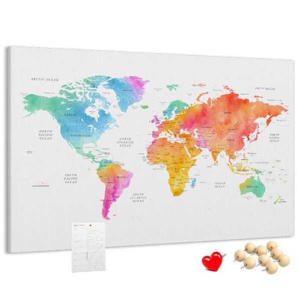 Korková nástenka na stenu Farebná mapa sveta v akvarelových farbách.