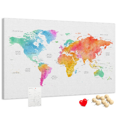 Korková nástenka na stenu Farebná mapa sveta v akvarelových farbách.