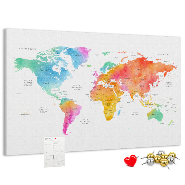 Korková nástenka na stenu Farebná mapa sveta v akvarelových farbách.