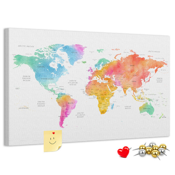 Korková nástenka na stenu Farebná mapa sveta v akvarelových farbách.