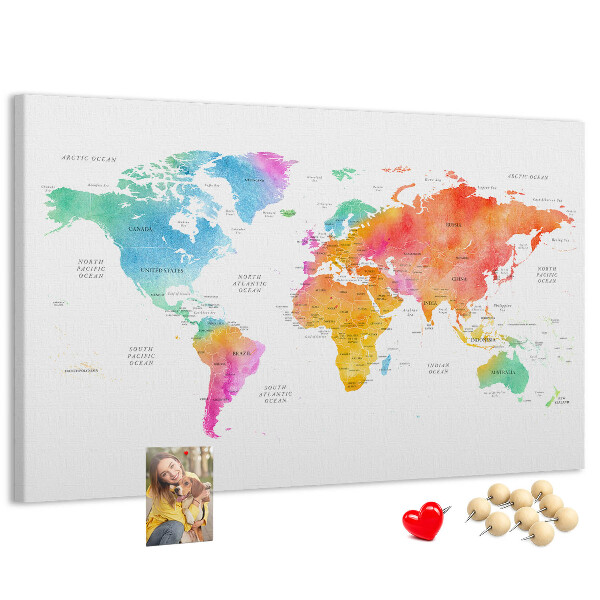 Korková nástenka na stenu Farebná mapa sveta v akvarelových farbách.