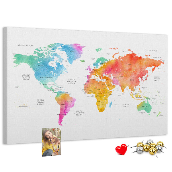 Korková nástenka na stenu Farebná mapa sveta v akvarelových farbách.