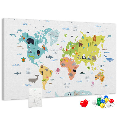 Nástenka Mapa sveta s ilustráciami zvierat.