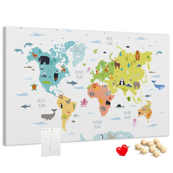 Nástenka Mapa sveta s ilustráciami zvierat.