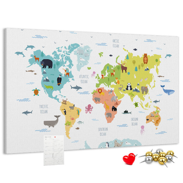 Nástenka Mapa sveta s ilustráciami zvierat.