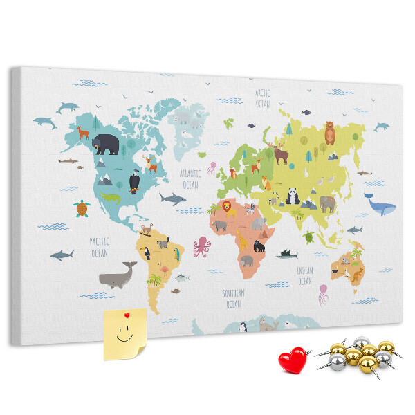 Nástenka Mapa sveta s ilustráciami zvierat.