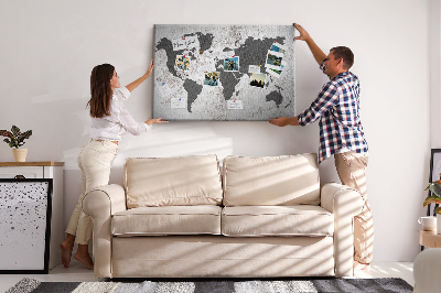Korková nástenka na stenu Štýlová mapa sveta v odtieňoch sivej