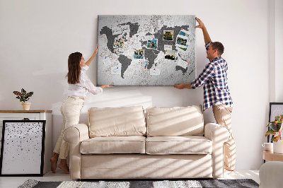 Korková nástenka na stenu Štýlová mapa sveta v odtieňoch sivej